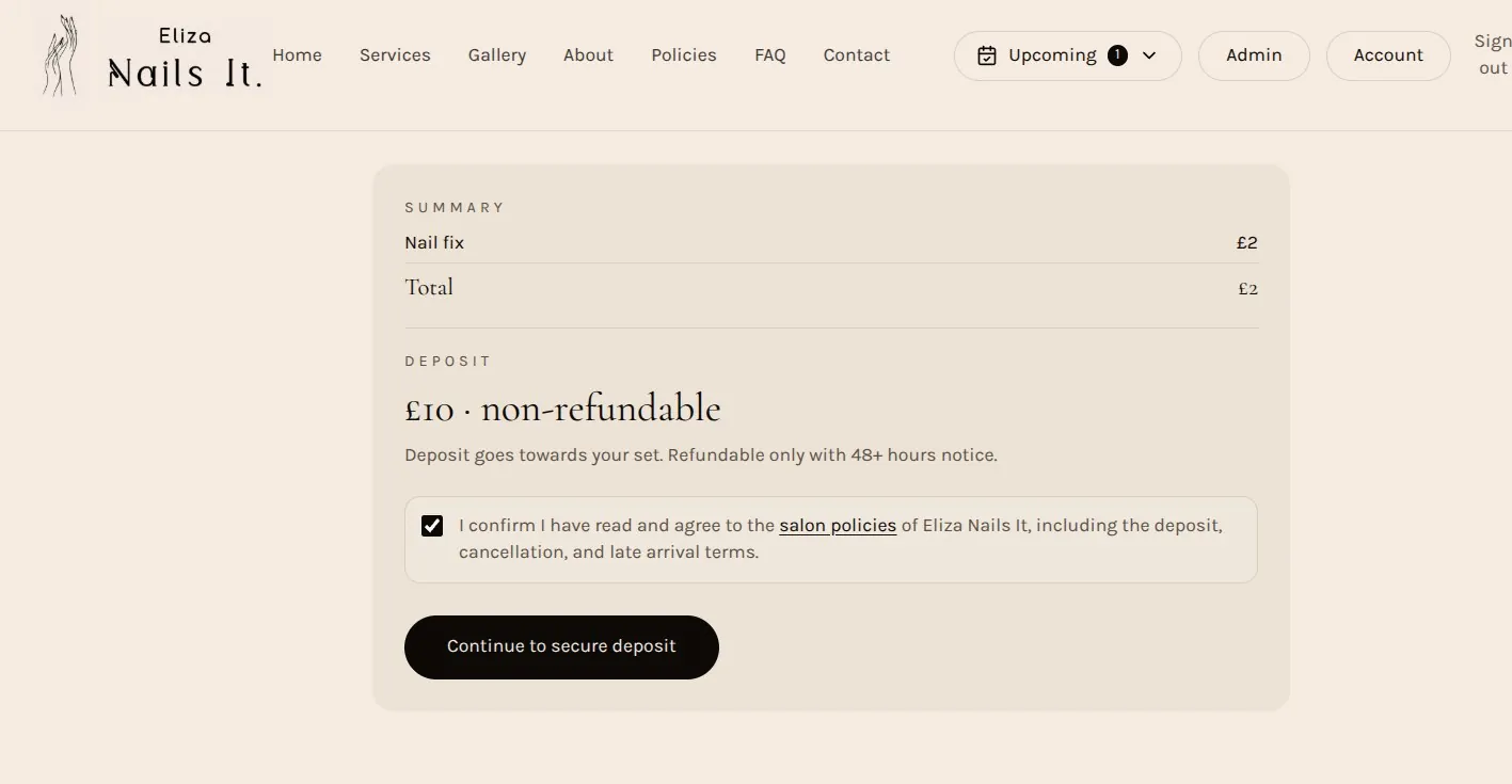 Booking summary and deposit payment screen