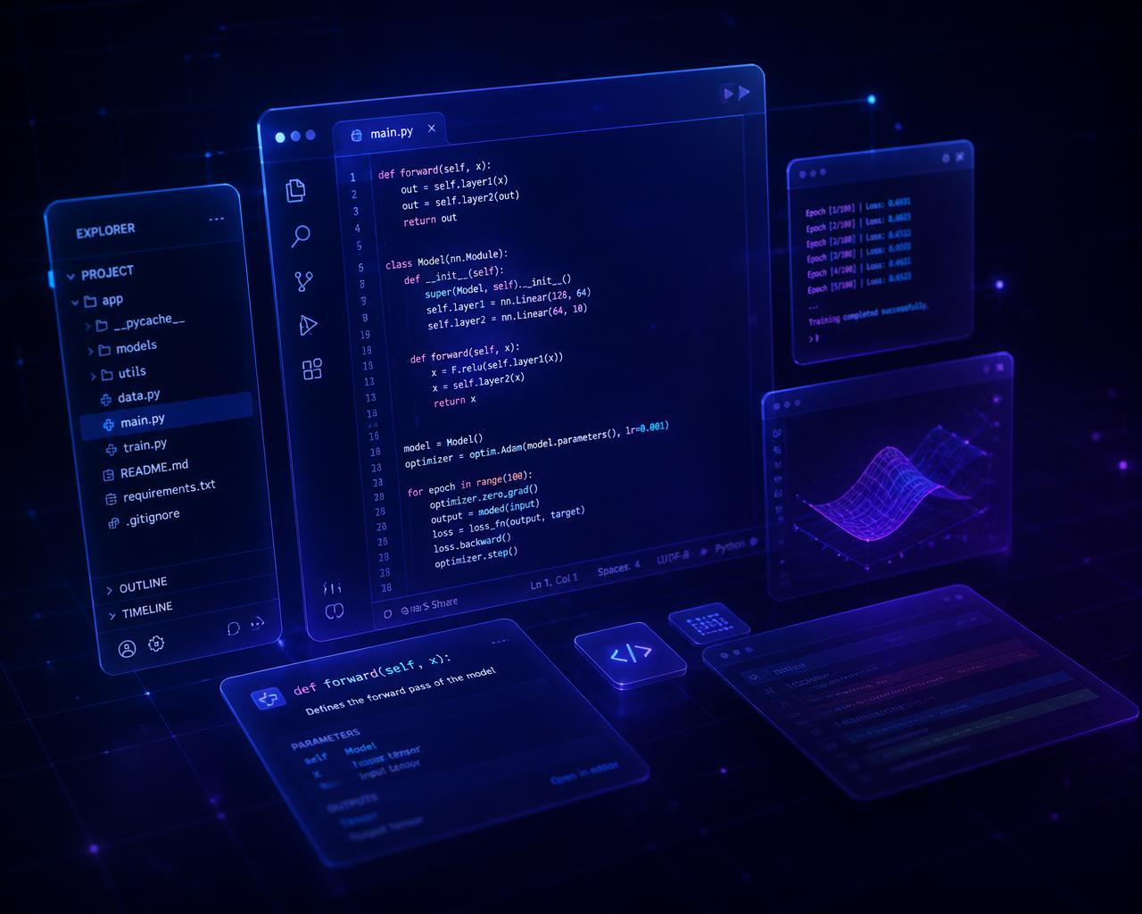 Abstract visualisation of code editor panels and web interfaces